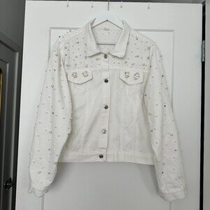Embellished Plus-Size White Denim Jacket